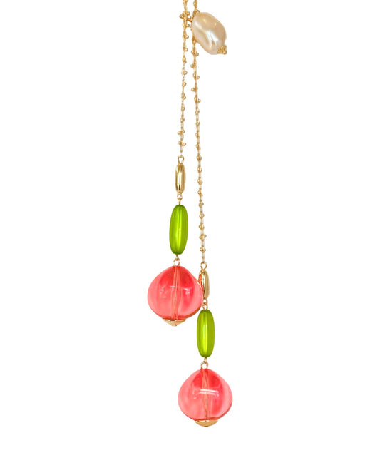 Lolita peachy pink vintage, gold long drop necklace