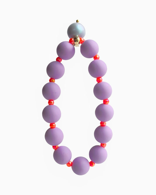 Beau lilac + neon orange beaded bracelet, Austrian crystal drop charm