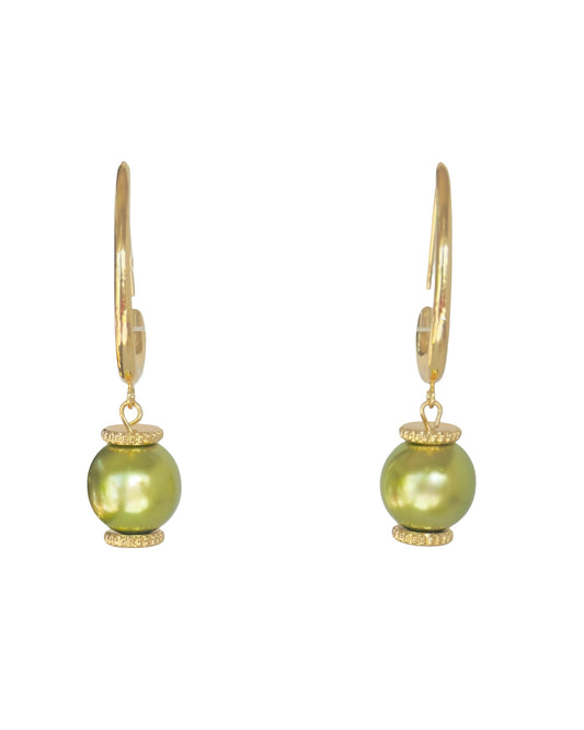 Tilda olive green handmade crystal pearl + gold earrings