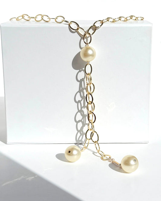 Shelly gold filled + handmade crystal pearl drop double long pendant chocker