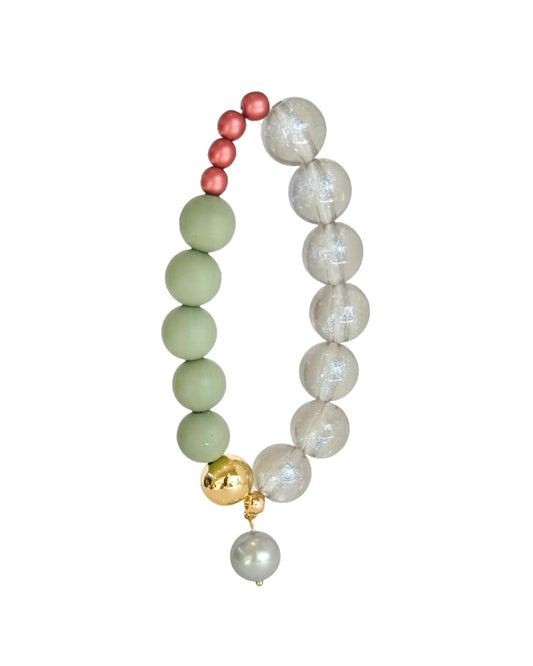 Sweetie pie deepest rose, khaki green bracelet, crystal pearl drop charm