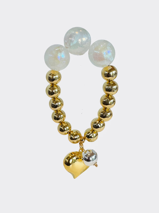 Sweetheart gold beaded bracelet drop heart + ball charms