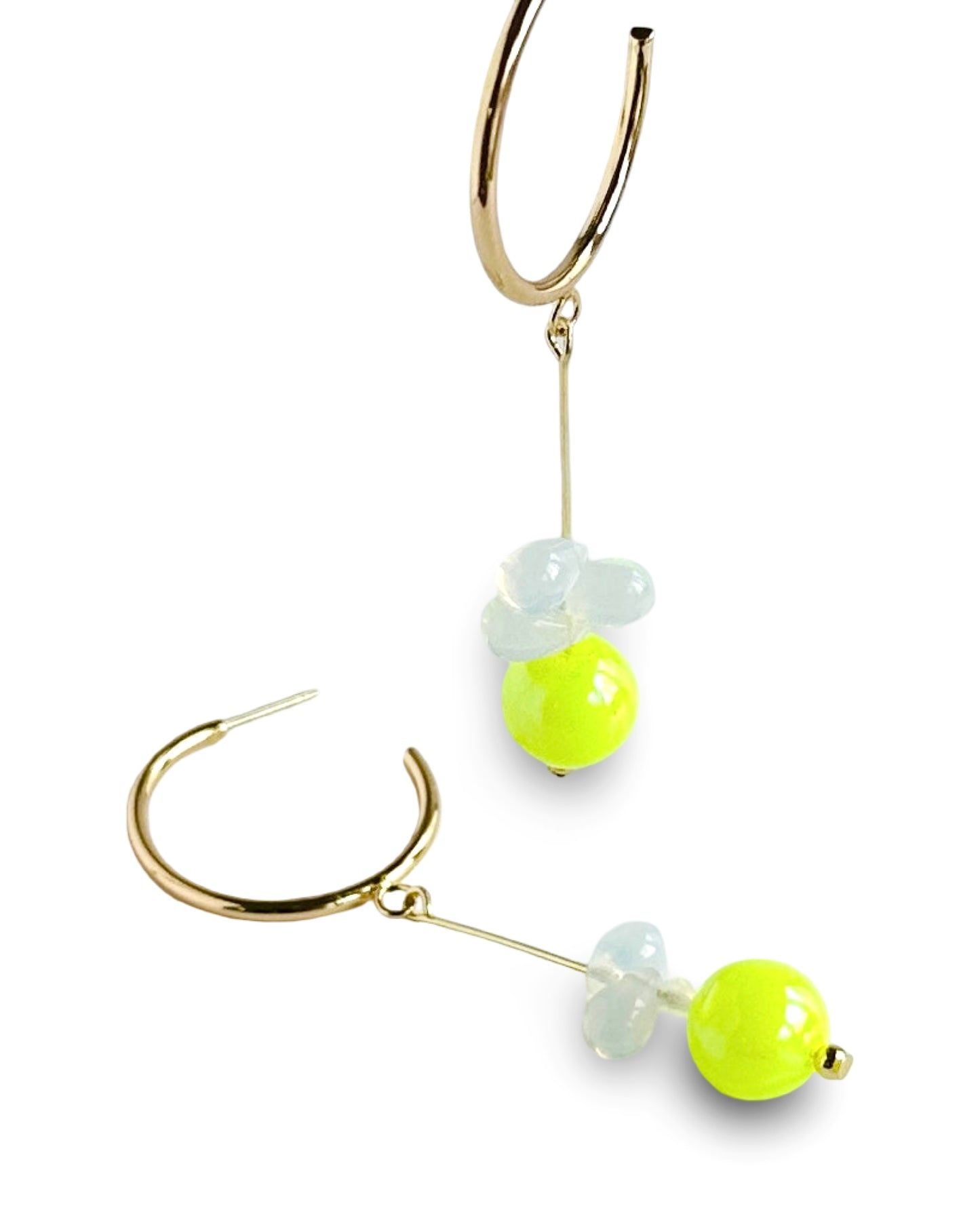 Emilia neon lemon + smoky opal drop gold hoops