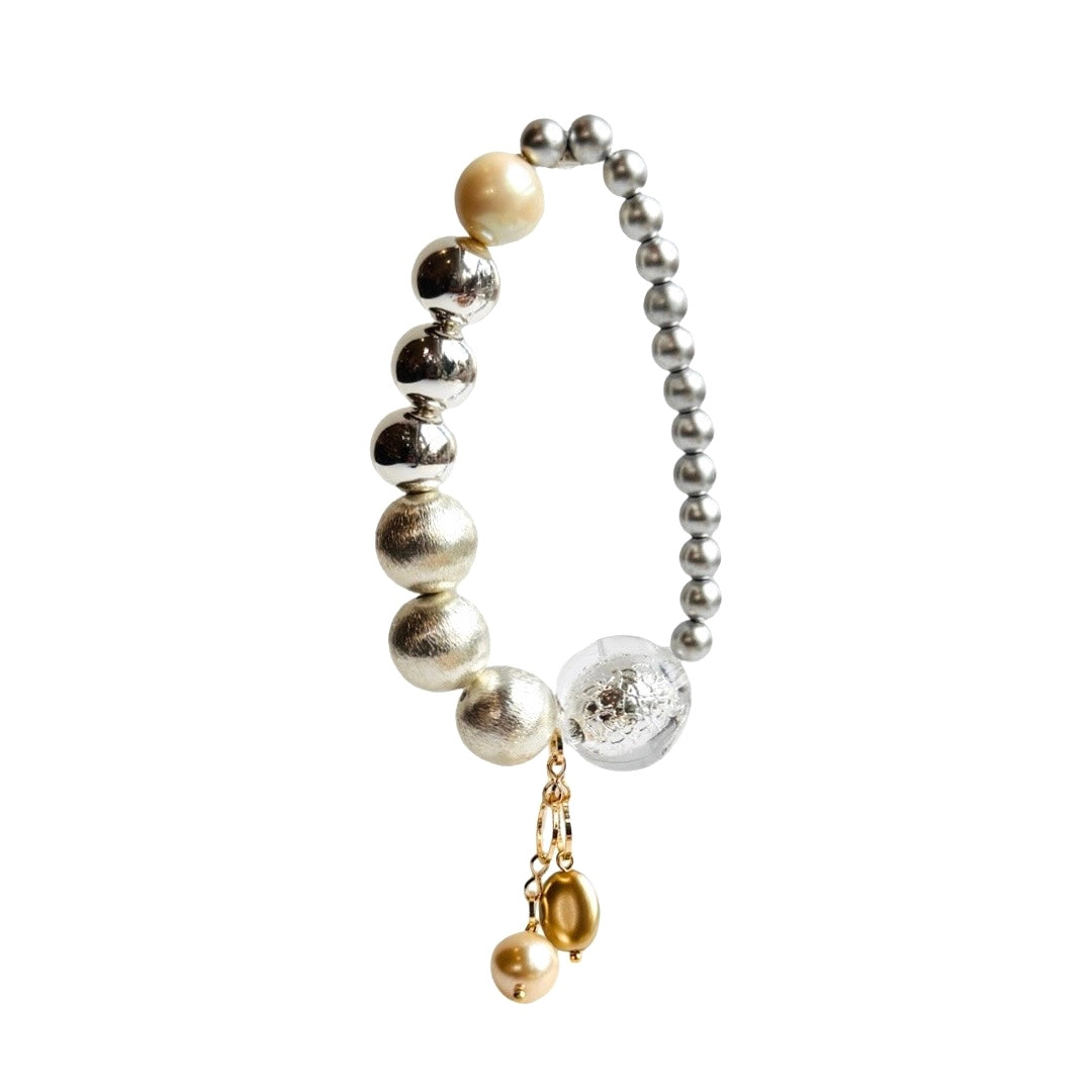 Neona Silver shine, Crystal pearl beaded bracelet, drop charms