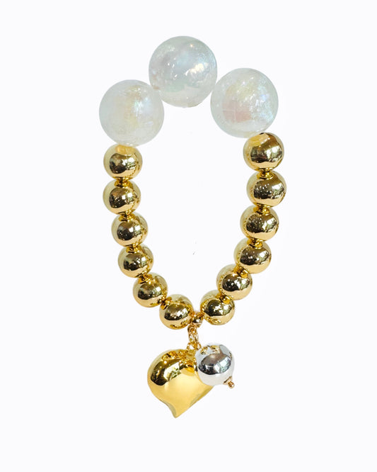 Sweetheart gold beaded bracelet drop heart + ball charms Ko