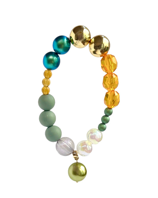 Mimi luxe peacock green, neon pop crystal, gold beaded bracelet, drop crystal pearl charm