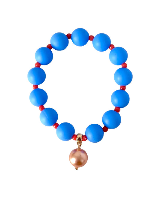 Beau bracelet in bright blue + orange, soft pink pearl charm