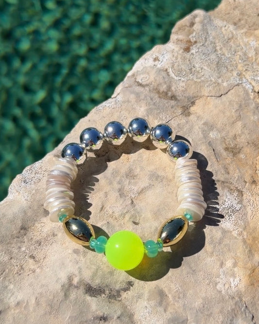 Limited edition Juicy fruit vintage neon pop mother of pearl, handmade crystal, silver gold beaded bracelet