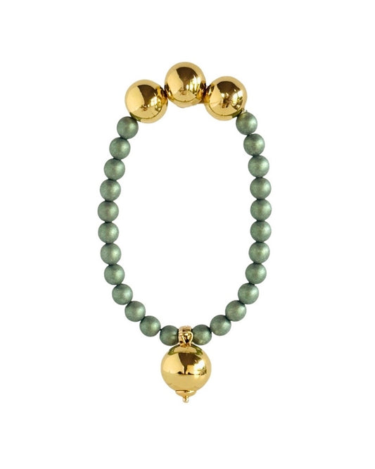Betty boo olive green iridescent pearl gold bracelet, drop gold charm