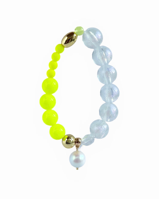 Tweety pie neon yellow, snowdrop  gold, crystal beaded bracelet, drop crystal pearl charm