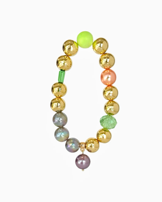 Juicy Lucy gold, lime, peachy gold crystal bracelet, drop crystal pearl charm