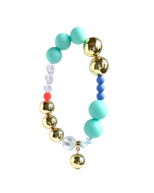 Kitty kiss aqua blue crystal, gold, vintage + silicone beaded bracelet, drop gold charm
