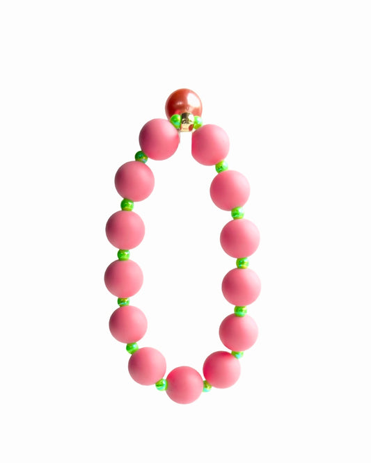 Beau bracelet in pink + neon green, coral pink pearl charm