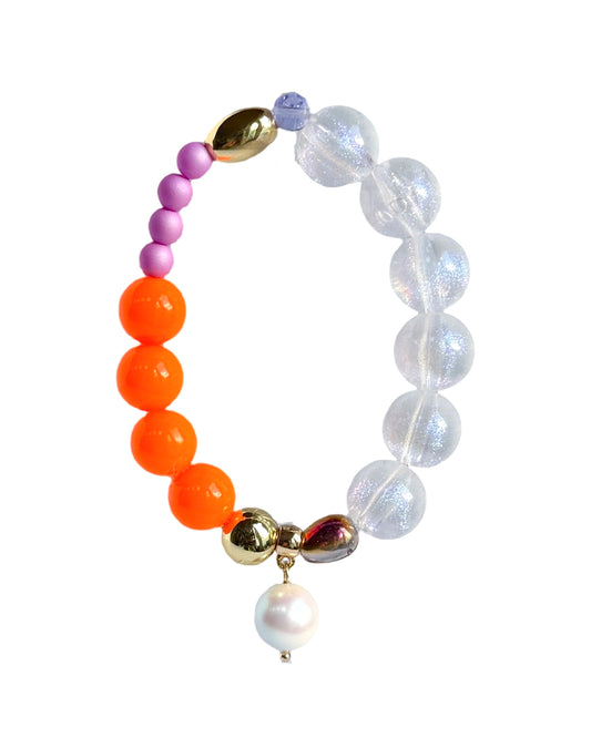 Tweety pie neon tango, lilac gold, crystal beaded bracelet, drop crystal pearl charm