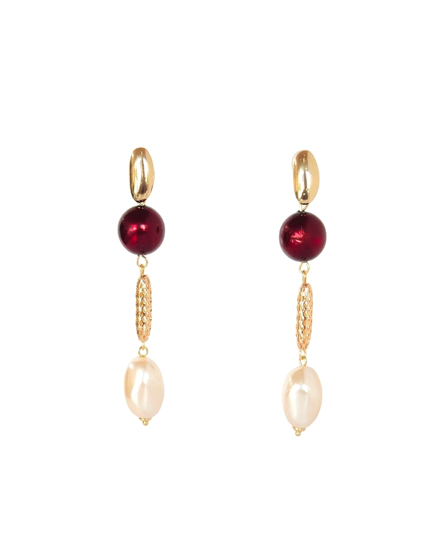 Juliette bejewelled Ruby crystal, pearl gold long drop earrings