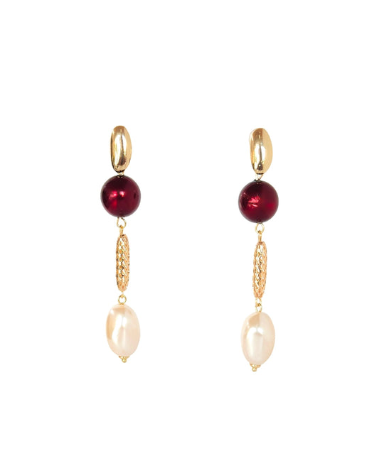Juliette bejewelled Ruby crystal, pearl gold long drop earrings
