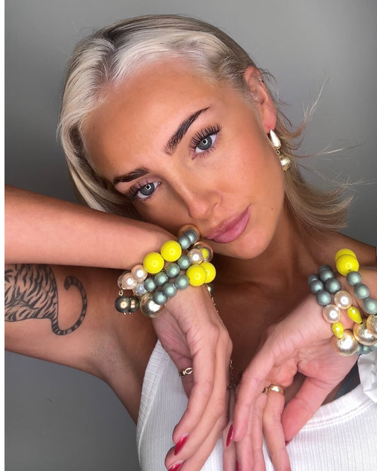 Luna belle iridescent green, Lemon + soft gold beaded bracelet