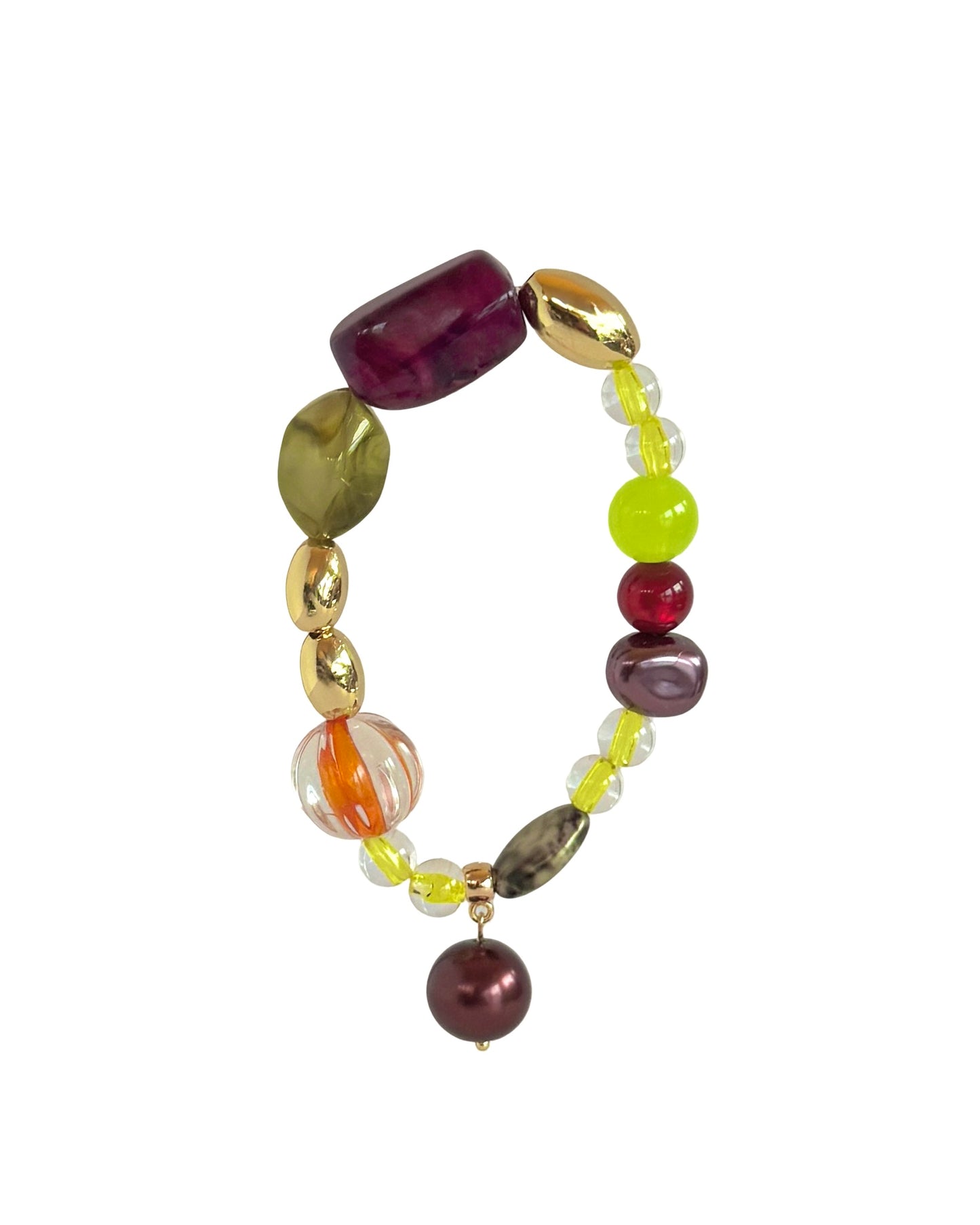 Pistachio berry sour vintage, crystal, gold + lucite beaded bracelet. Drop crystal pearl charm