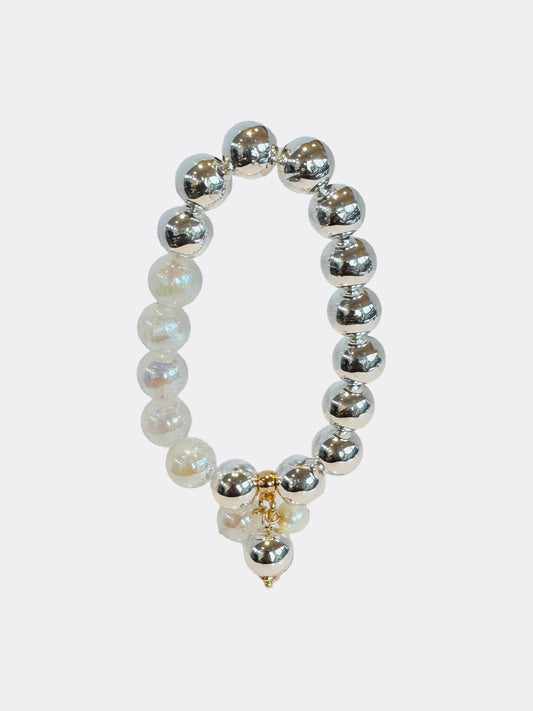 Bambi silver + white moon dust beaded multi charm bracelet