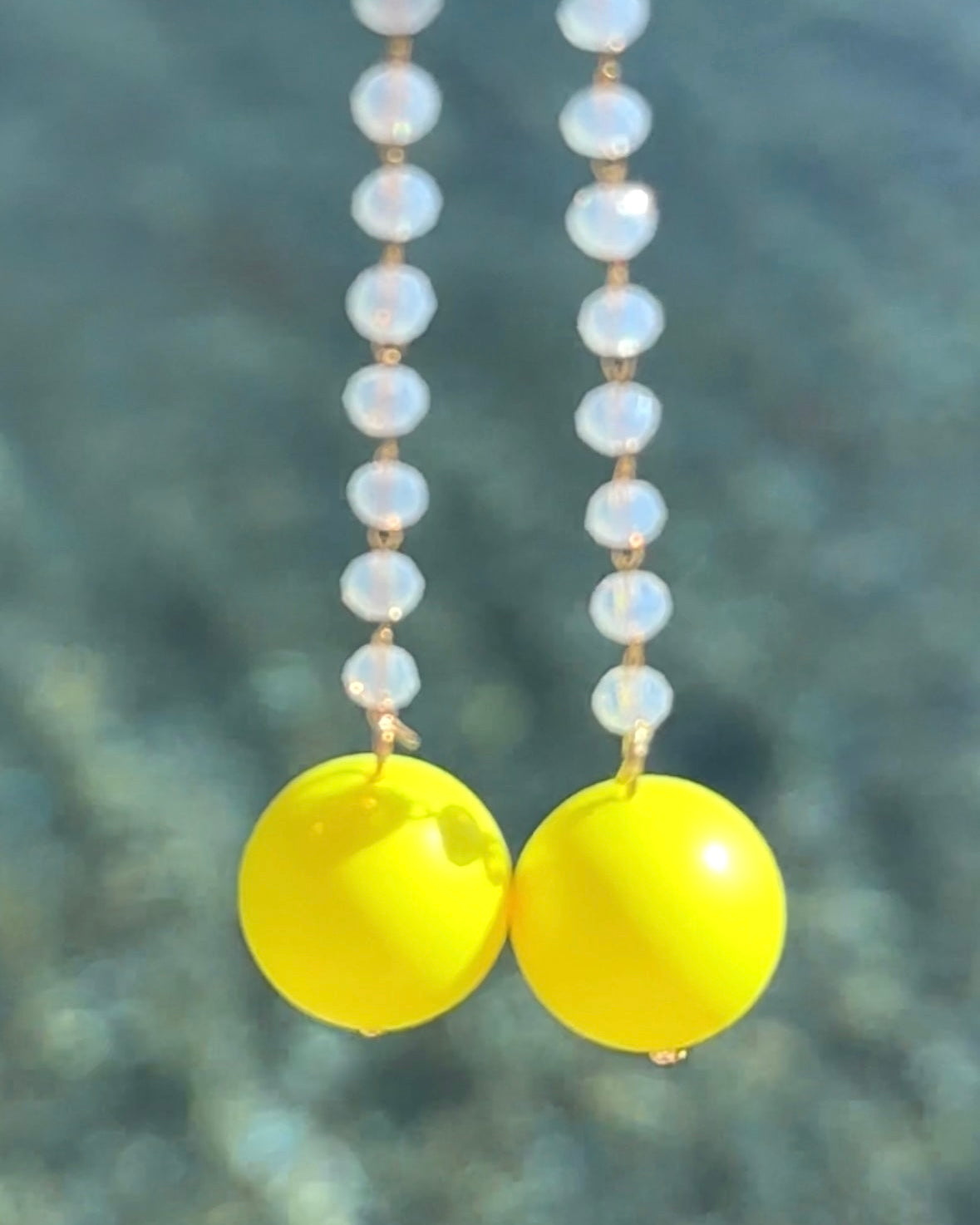 Lila white opal + neon yellow crystal pearl drop earrings