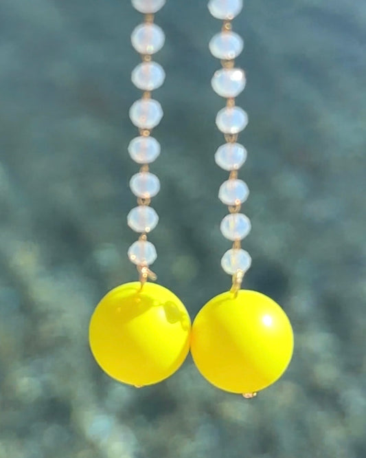 Lila white opal + neon yellow crystal pearl drop earrings