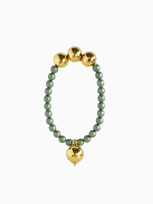 Betty boo olive green iridescent pearl gold bracelet, drop gold charm