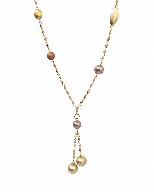 Queenie Champagne Pink & Gold Long Drop Necklace