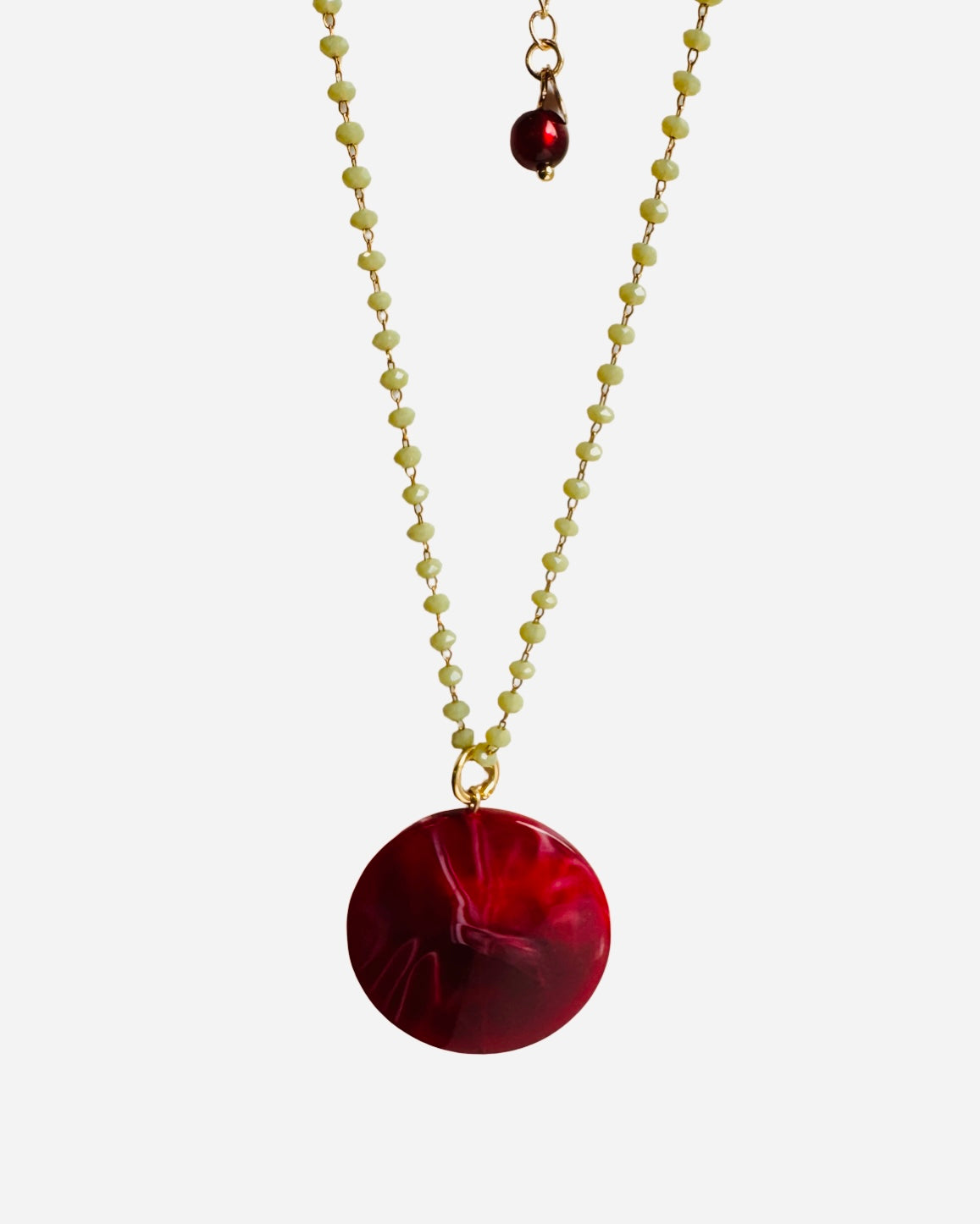 Symi beaded necklace, deep burgundy disc pendant