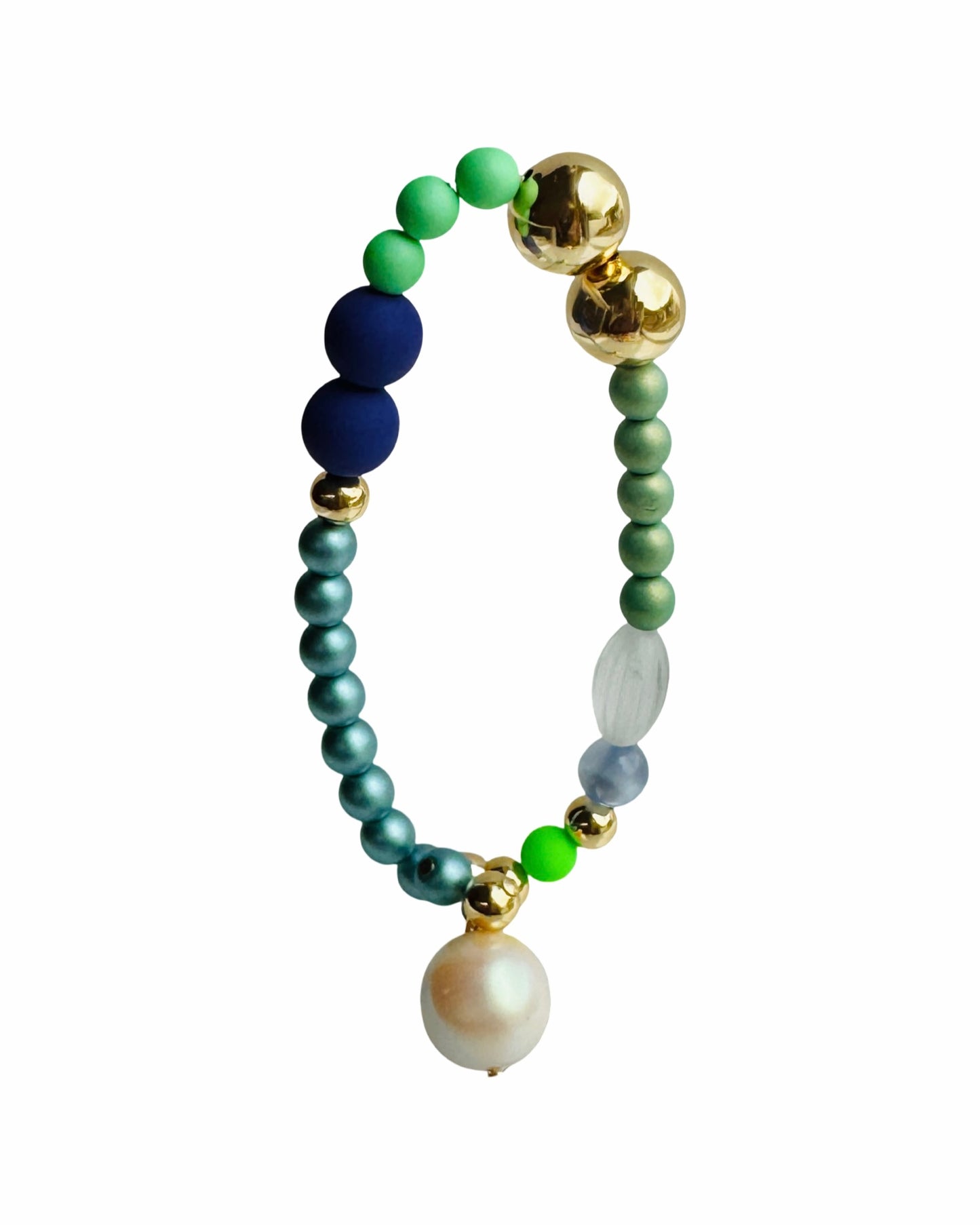 Rainbow princess deepest blue neon pop crystal pearl, multi charm bracelet