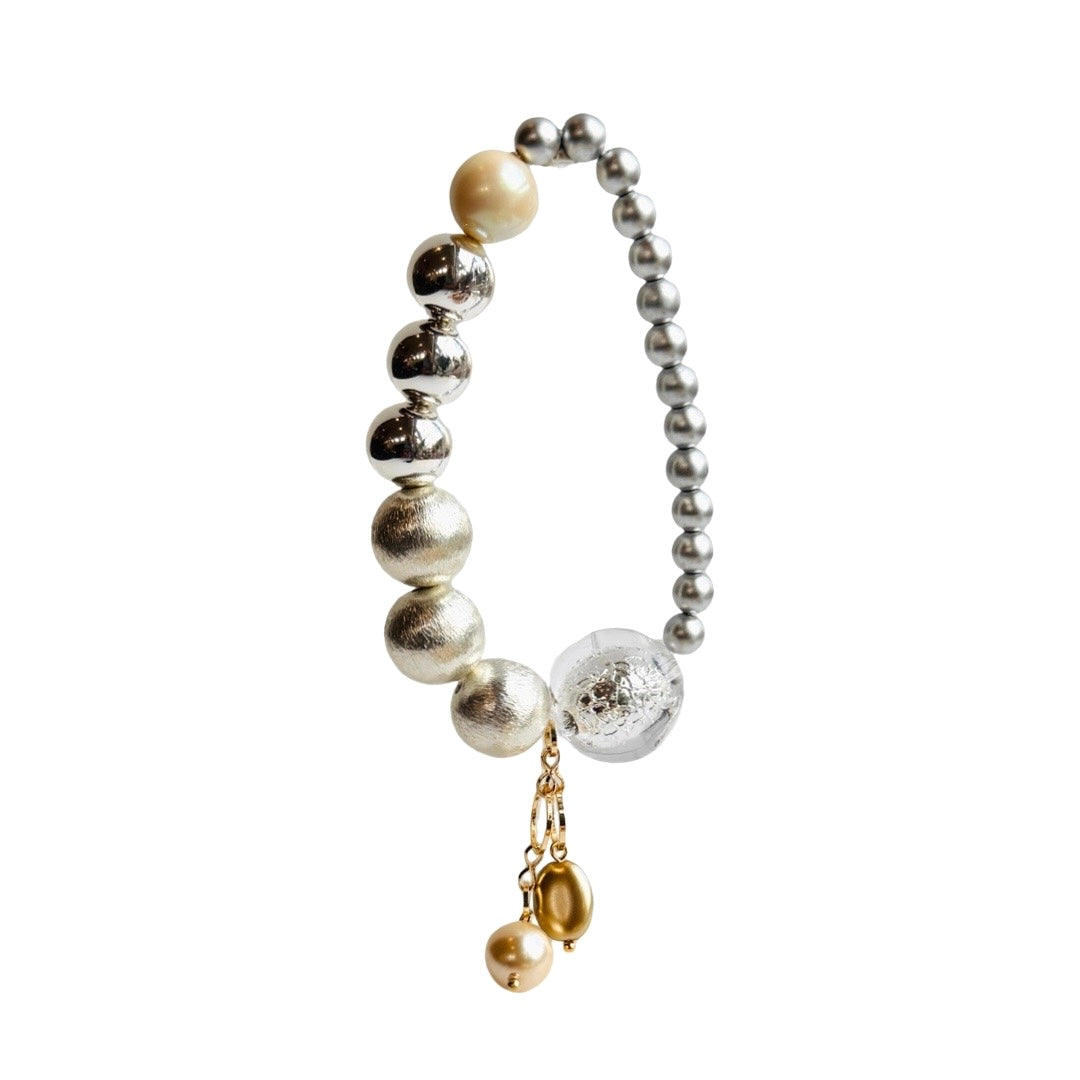 Neona Silver shine, Crystal pearl beaded bracelet, drop charms