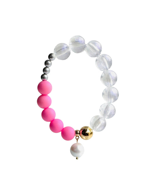Sweetie pie, pretty in pink iridescent silver pearl, crystal pearl drop charm bracelet