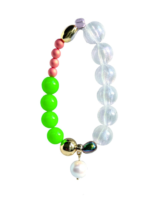 Tweety pie neon green, ballet pink pop, gold, crystal beaded bracelet, drop crystal pearl charm