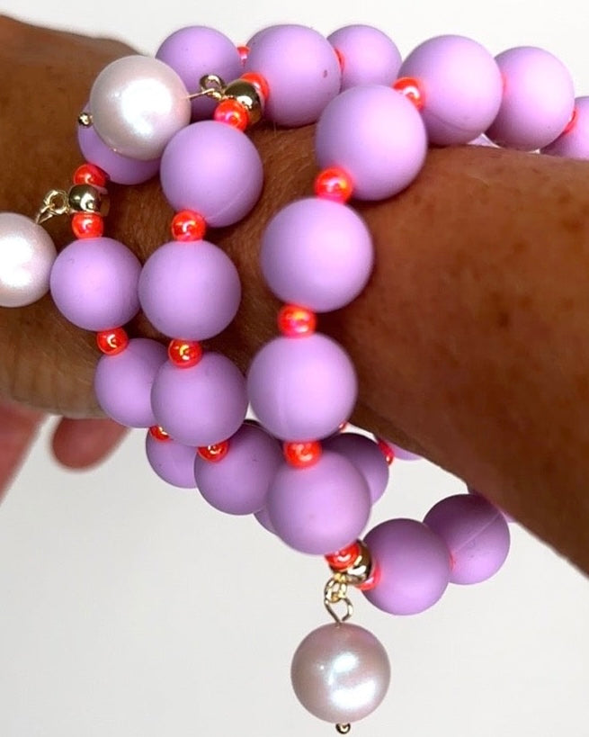 Beau lilac + neon orange beaded bracelet, Austrian crystal drop charm