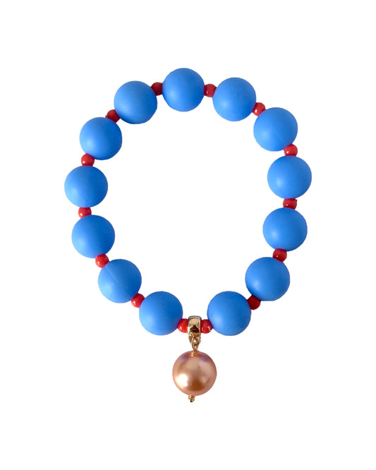 Beau bracelet in bright blue + orange, soft pink pearl charm
