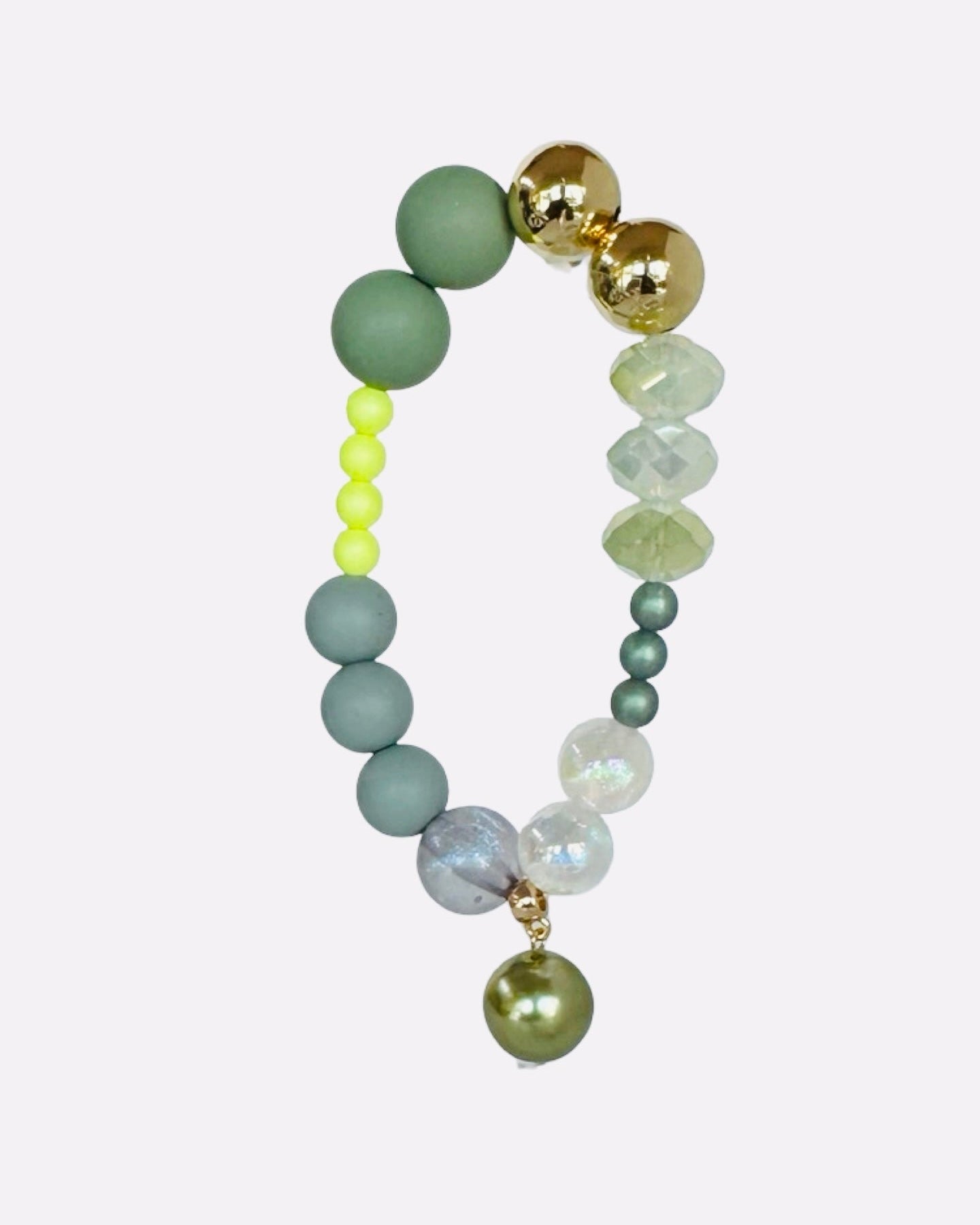Mimi Luxe soft grey, pretty yellow + gold beaded bracelet, drop crystal pearl charm