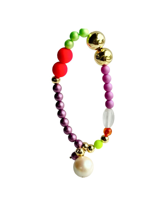 Rainbow princess neon pink pop crystal pearl multi charm bracelet