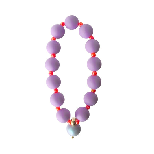 Beau lilac + neon orange beaded bracelet, Austrian crystal drop charm