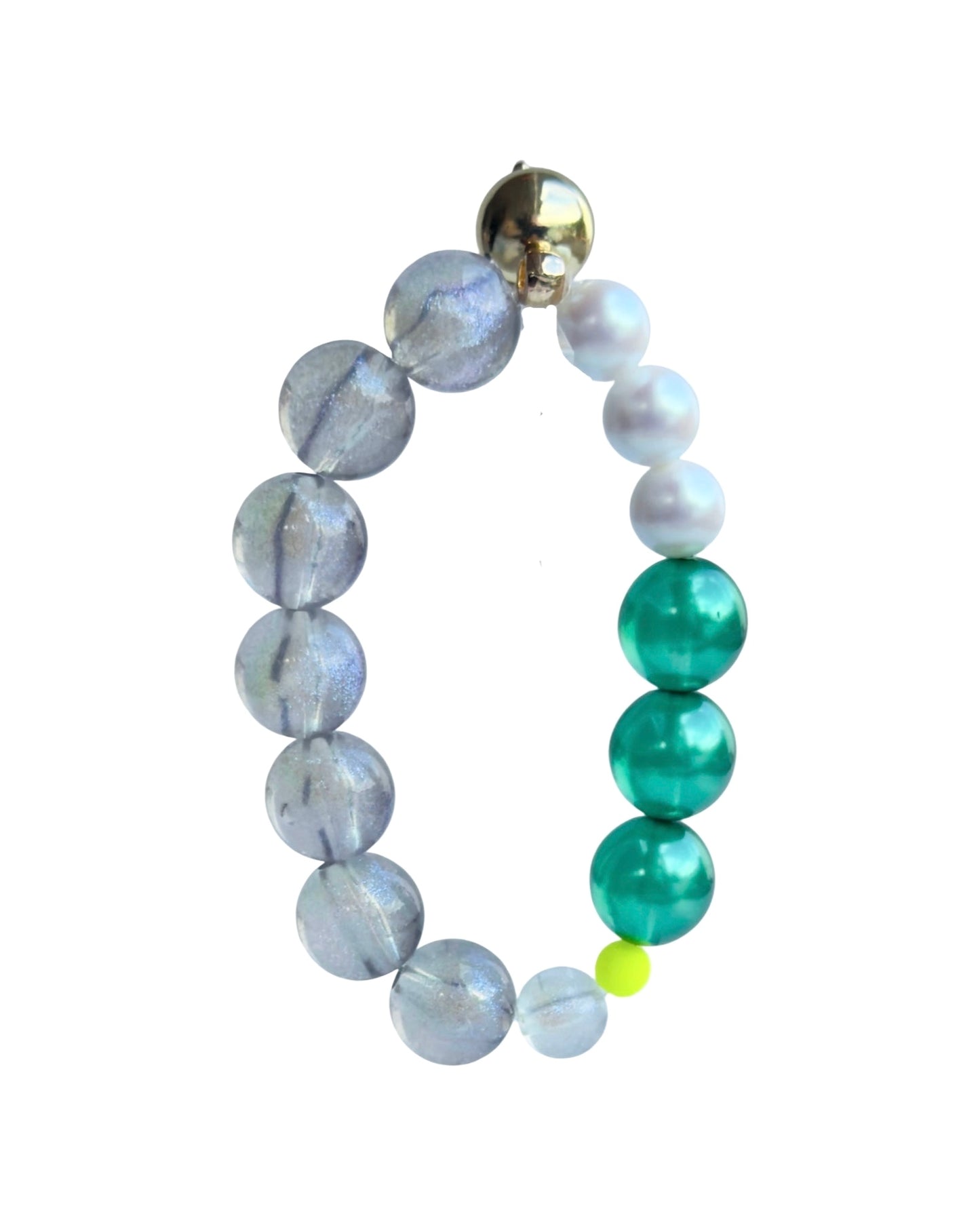 Cherry bomb iridescent green crystal, pearl beaded bracelet, gold filled drop charm