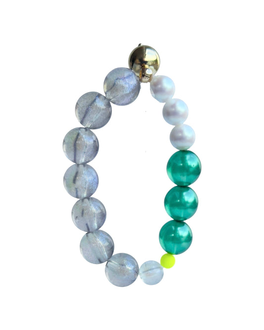Cherry bomb iridescent green crystal, pearl beaded bracelet, gold filled drop charm