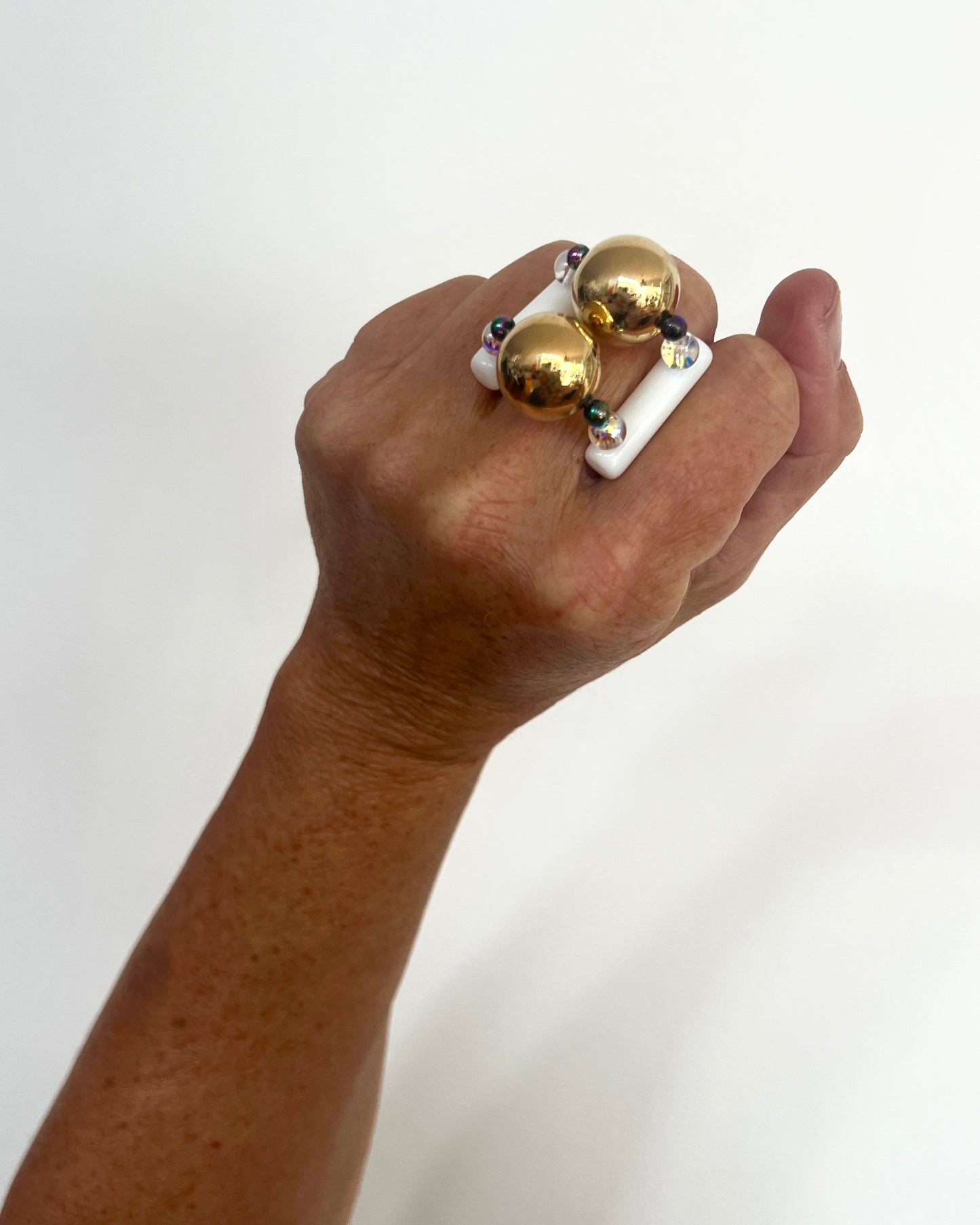 Vintage moonbeam gold double bead + white crystal ring