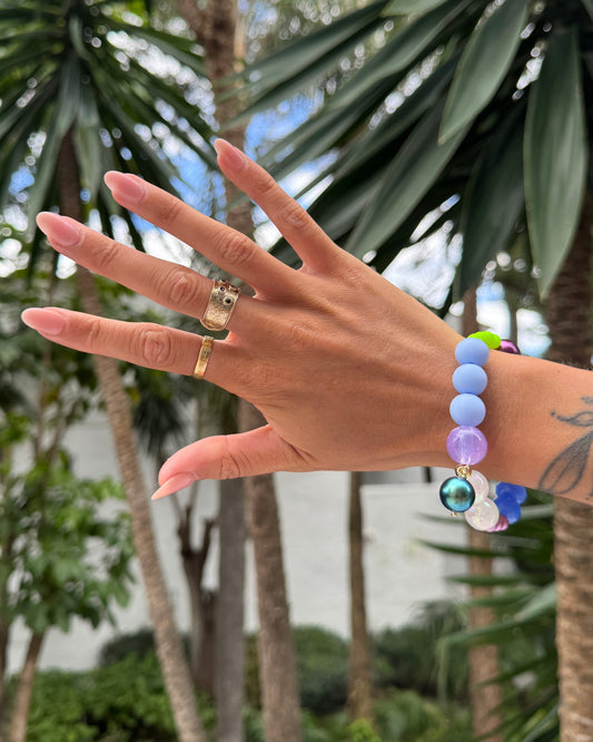 Mimi luxe grape, neon pop crystal, gold beaded bracelet, drop crystal pearl charm