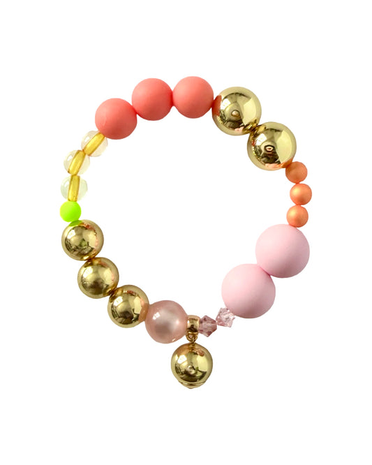 Kitty kiss pretty in pink crystal, gold, vintage + silicone beaded bracelet, drop gold charm