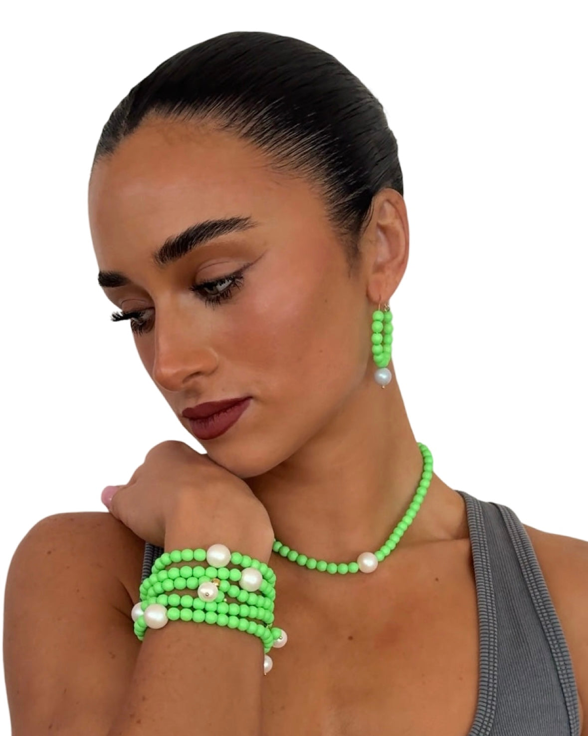 Colour Queen Crystal pearl apple green hoop earrings