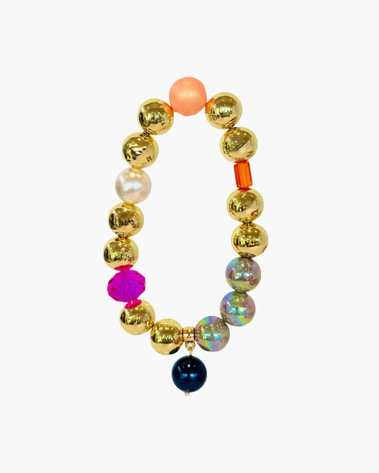 Juicy Lucy tangerine, fuschia, green crystal gold bracelet, drop crystal pearl charm