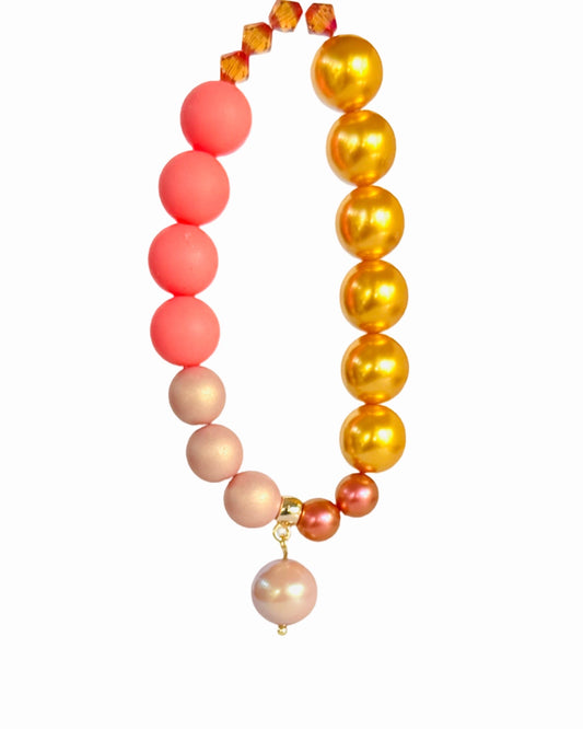 Golden crunch, peachy squeezy crystal, crystal pearl beaded bracelet, crystal pearl charm