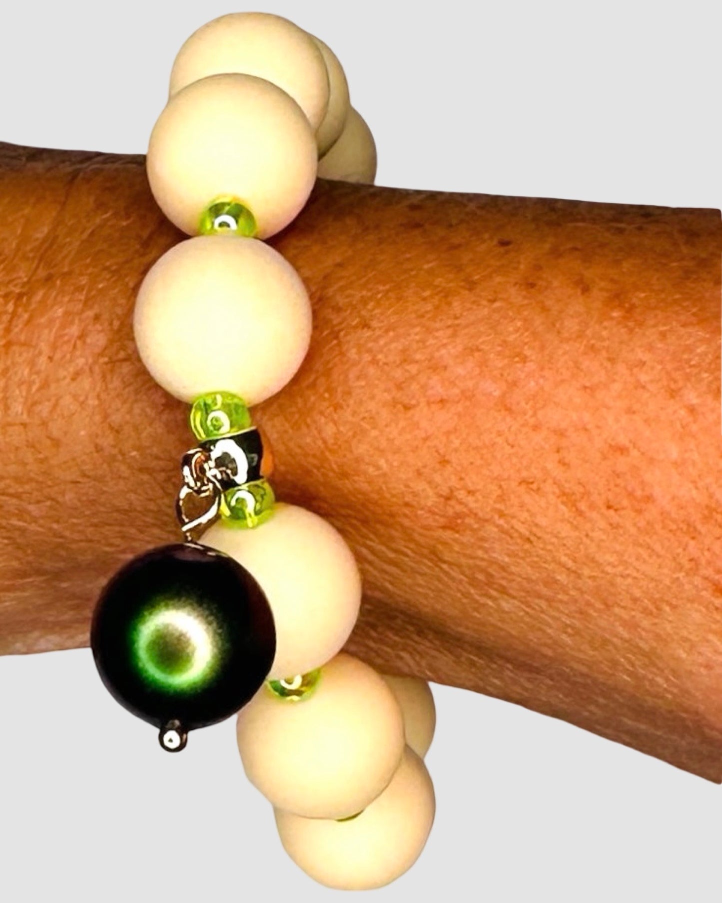 Beau vanilla + lime beaded bracelet, Austrian crystal drop charm