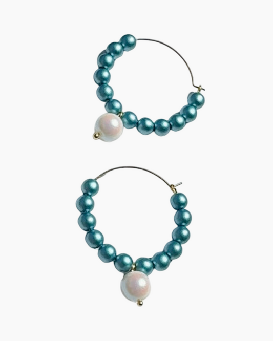 Candy land petrol blue crystal pearl drop hoops