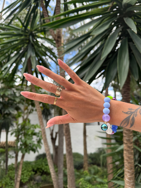 Mimi luxe grape, neon pop crystal, gold beaded bracelet, drop crystal pearl charm
