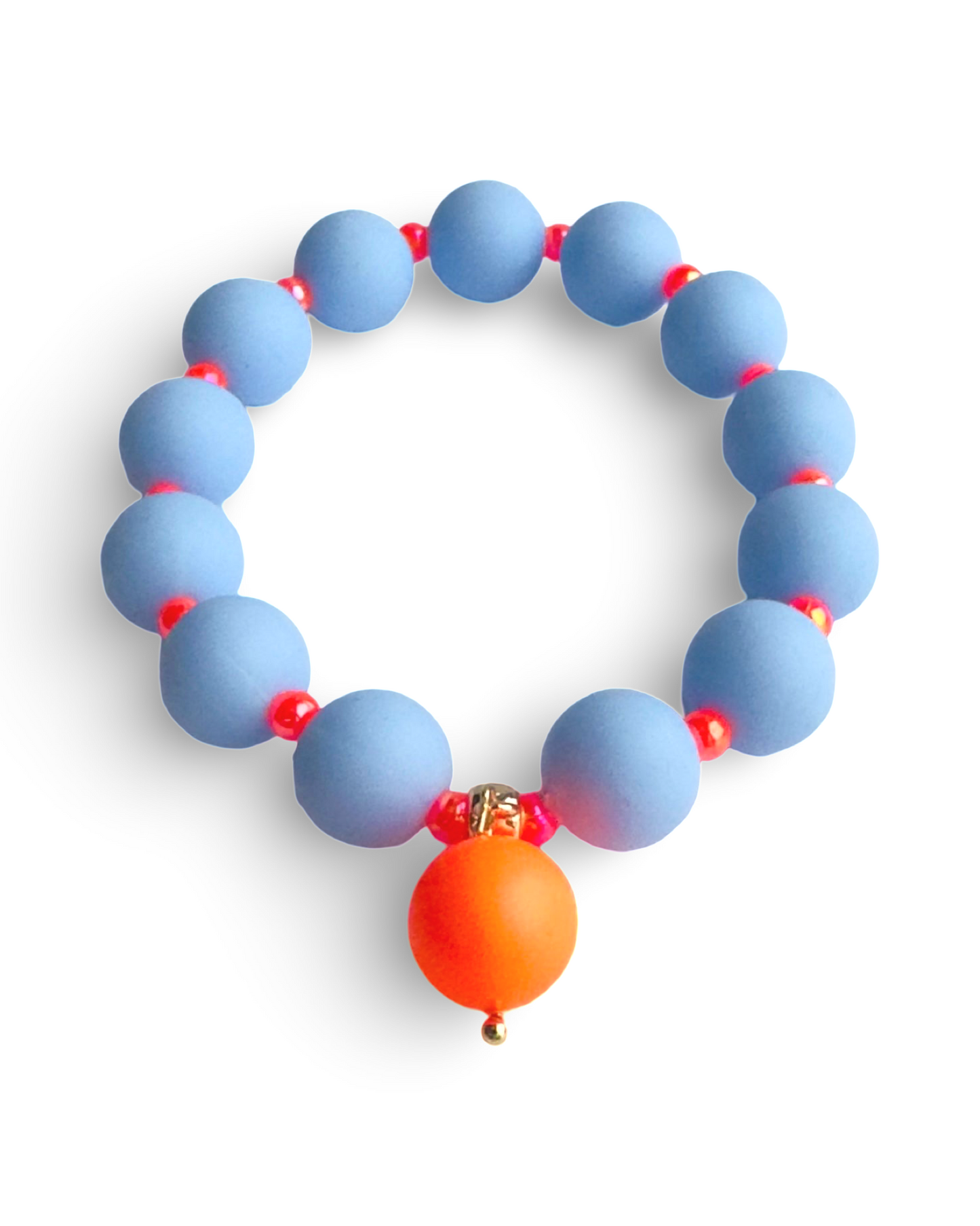 Beau bracelet in blue + neon orange, neon orange crystal pearl charm