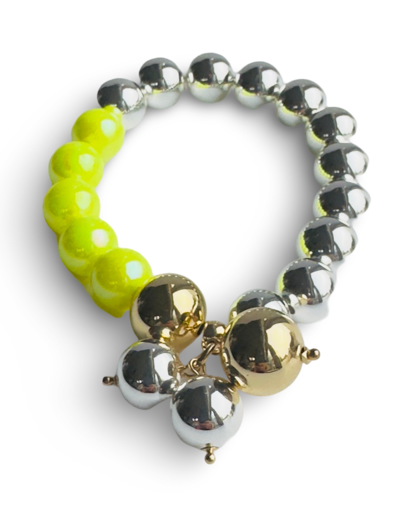 Bambi neon yellow + silver beaded bracelet, drop charms